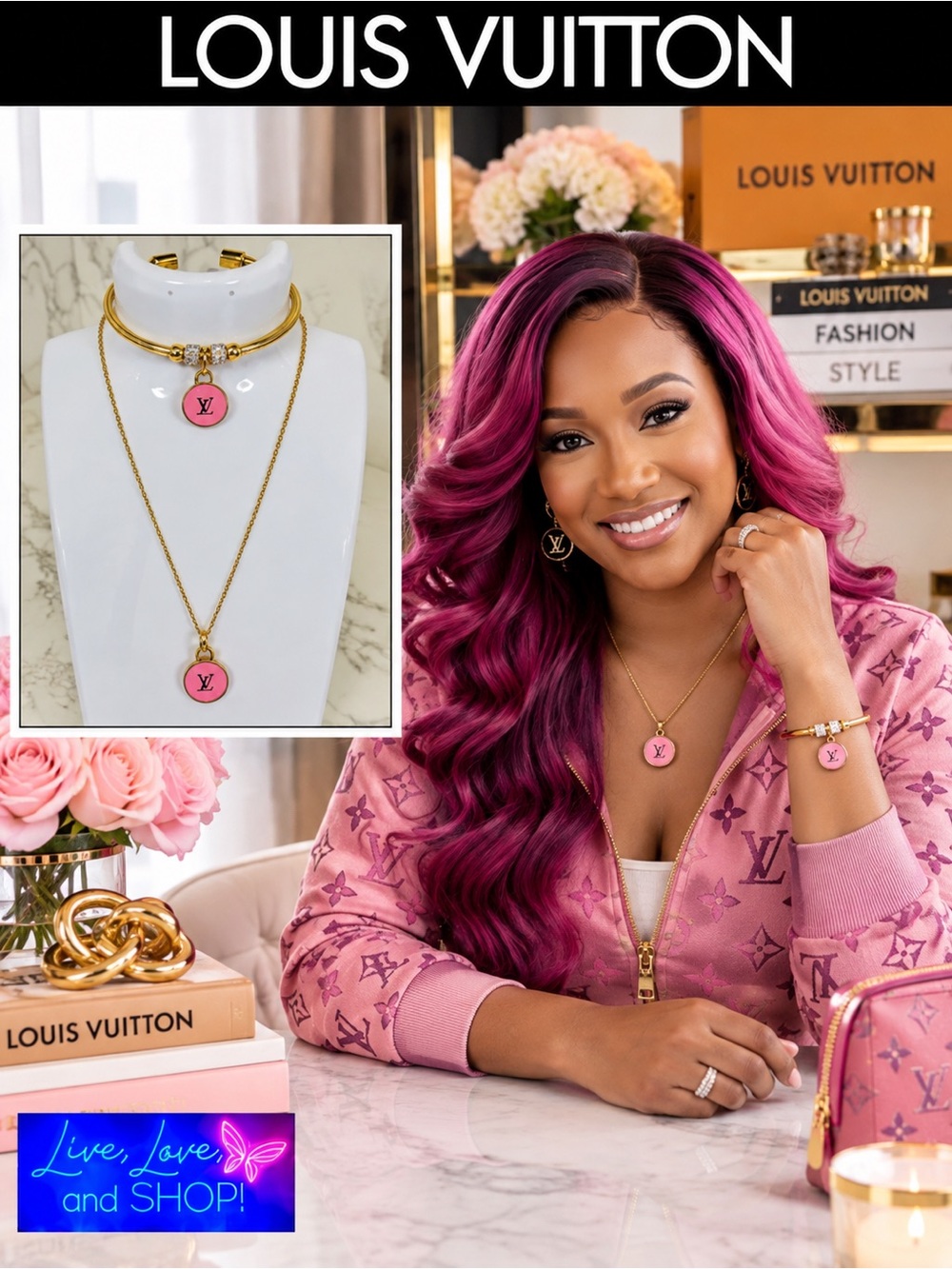LOUIS VUITTON Pink Pull Tags on FREE NWOT Necklace & Bracelet, EUC